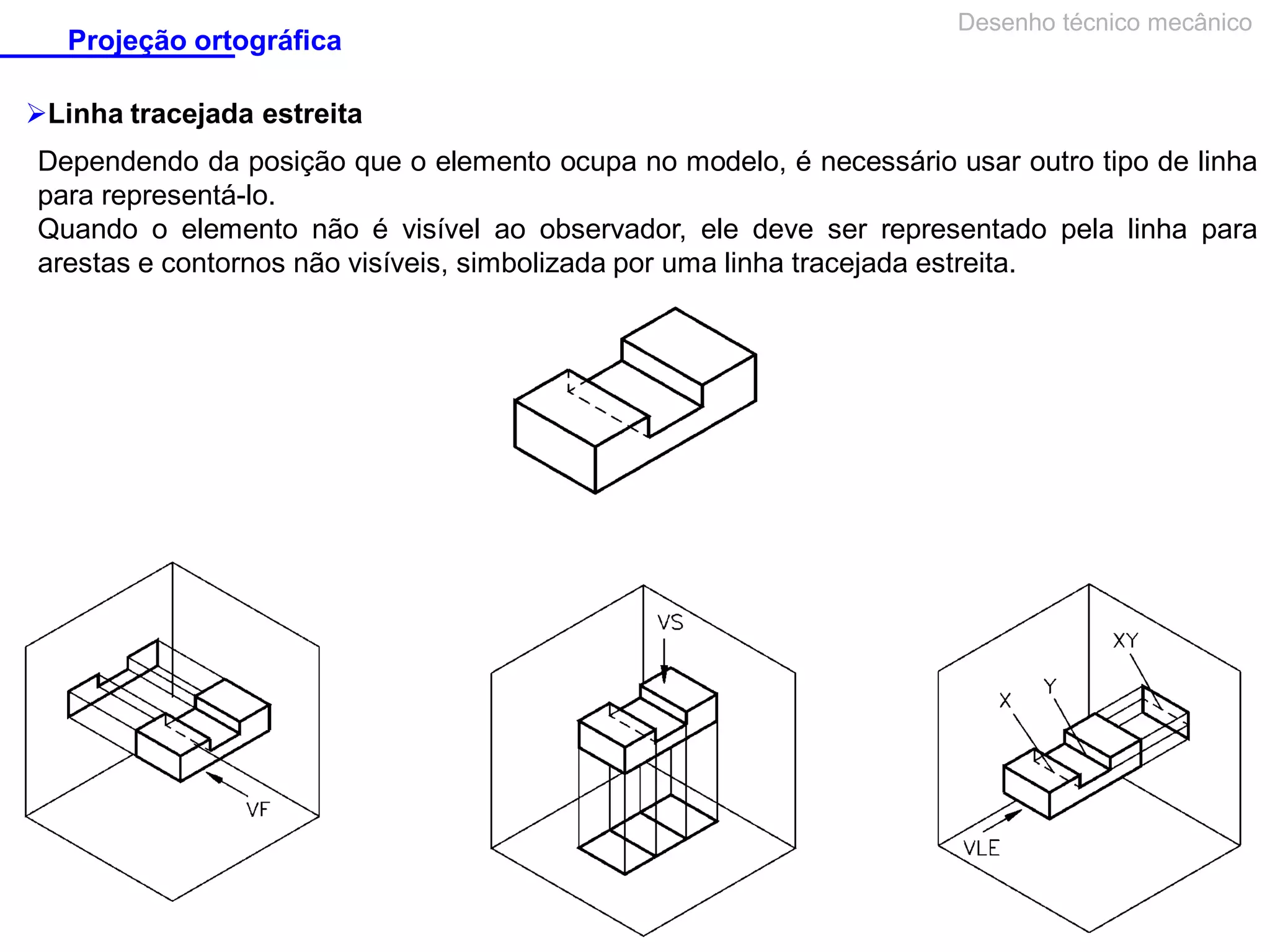 Projeção ortográfica

Desenho técnico mecânico

Linha tracejada estreita
Dependendo da posição que o elemento ocupa no modelo, é necessário usar outro tipo de linha
para representá-lo.
Quando o elemento não é visível ao observador, ele deve ser representado pela linha para
arestas e contornos não visíveis, simbolizada por uma linha tracejada estreita.

 