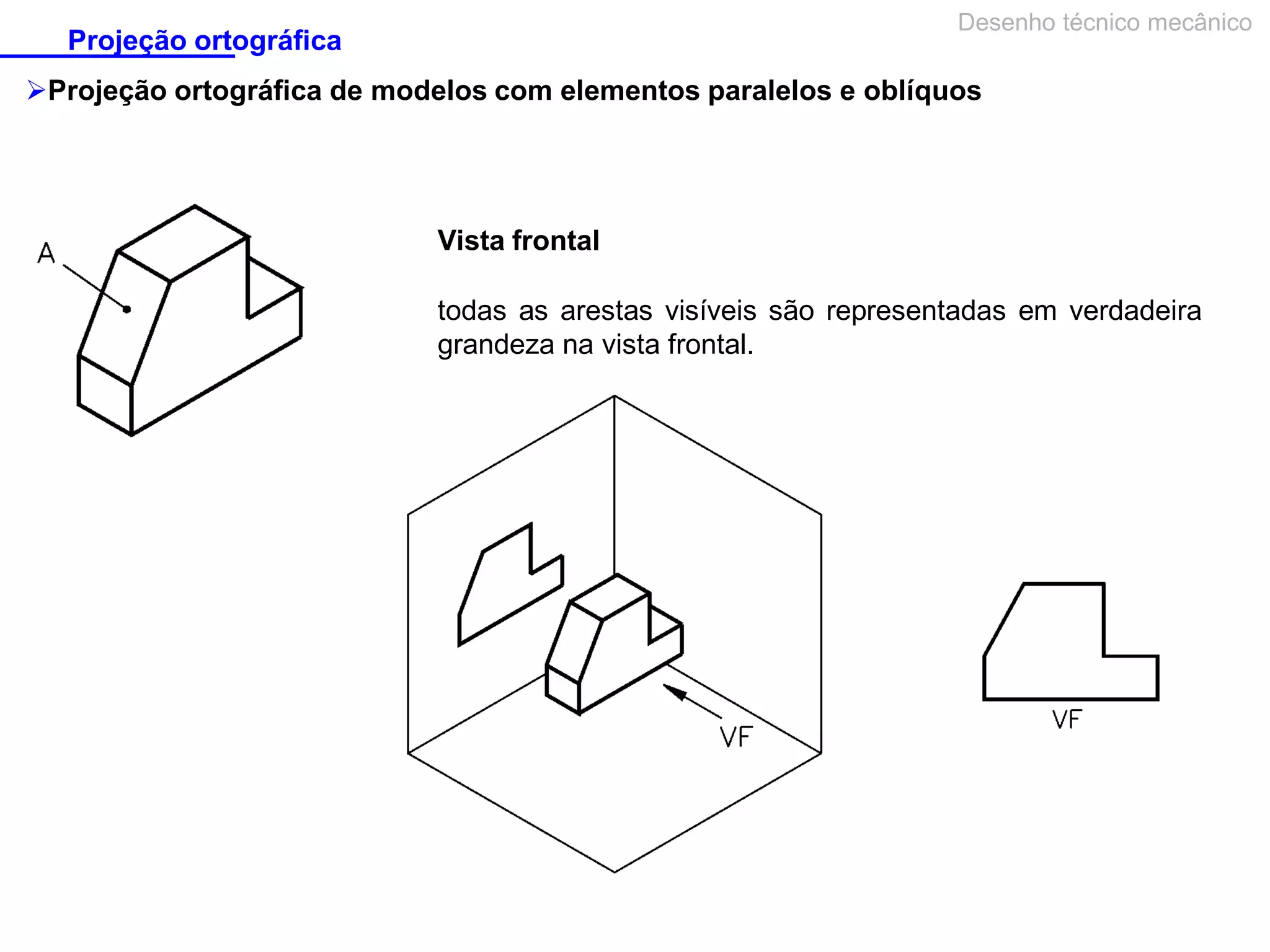 Desenho técnico mecânico

Projeção ortográfica

Projeção ortográfica de modelos com elementos paralelos e oblíquos

Vista frontal
todas as arestas visíveis são representadas em verdadeira
grandeza na vista frontal.

 