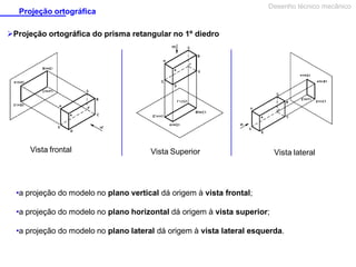 Desenho técnico mecânico

Projeção ortográfica
Projeção ortográfica do prisma retangular no 1º diedro

Vista frontal

Vista Superior

Vista lateral

•a projeção do modelo no plano vertical dá origem à vista frontal;
•a projeção do modelo no plano horizontal dá origem à vista superior;
•a projeção do modelo no plano lateral dá origem à vista lateral esquerda.

 