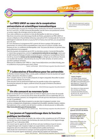 La lettre d'information de l'onisep

  32
                                                                                                                                                       Languedoc-Roussillon




  Le PRES UMSF au cœur de la coopération                                                                         PRES : Pôle d’enseignement supérieur
                                                                                                                et de recherche Université Montpellier
universitaire et scientifique transatlantique                                                                   Sud de France.
En accueillant dans ses murs les membres franco-américains du Partner University Fund,
les 4 et 5 avril 2011, le PRES Université Montpellier Sud de France s’est positionné comme
un acteur majeur des échanges entre les deux nations.
Pour cette conférence au sommet, le choix de Montpellier ne doit rien au hasard.
Née d’une rencontre entre Dominique Deville de Périère, présidente du PRES-UMSF en
mission à Madison et Pascal Delisle (Directeur exécutif du PUF à l’ambassade de France de
Washington) la décision de tenir un jury du PUF en France, hors de Paris, est une première
qui a du sens.
En 3 ans d’existence, le programme PUF a permis de lancer quelque 260 projets de
partenariats, en sciences dures essentiellement, mais aussi en sciences sociales, droit,
business et arts. La conférence de Montpellier a été l’occasion de dresser un premier bilan
particulièrement encourageant.
Parmi les lauréats récompensés par le PUF ces dernières années, l’université Montpellier
2 a lancé deux programmes, comme le partenariat de recherche en neurologie, mené avec
le Salk Institute for Biological Studies et présenté par le professeur montpelliérain Patrick
Carroll ou encore les travaux sur les nanotechnologies co-dirigés par le professeur Durand.
Les résultats des lauréats, suite à la tenue du Jury PUF cette semaine, ne seront connus      La              lettre d'information de l'onisep
que dans quelques semaines.                                                                                                            Languedoc-Roussillon
Retrouvez la conférence PUF /PRES ici : http://www.dailymotion.com/video/xhzsdg_pres-
tv-conference-et-jury-puf-au-pres-umsf_school
                                 Source : communiqué AN32/SJS/Onisep Languedoc-Roussillon/22avril11



    7 Laboratoires d’Excellence pour les universités
Le Premier ministre François Fillon a rendu public vendredi 25 mars les lauréats de l’appel
d’offre Laboratoires d’Excellence (LabEx).                                                                            L’avenir s’imagine !
Avec 7 projets retenus sur les 9 LabEx proposés, la région Languedoc-Roussillon se place                             La 8e édition du jeu-concours
parmi les mieux dotées de province.                                                                                  organisé par l’Onisep Languedoc-
Cette réussite, fruit du partenariat établi avec les grandes écoles et les organismes                                Roussillon et ses partenaires est en
de recherche présents en région, confirme la force du projet d’Initiative d’excellence                               ligne depuis le 11 janvier 2011.
montpelliérain.                                                                                                      www.lavenirsimagine.com
                            Source : communiqué UM2 AN32/SJS/Onisep Languedoc-Roussillon/22avril11
                                                                                                                     Des séances en classe peuvent
                                                                                                                     être animées par l’Onisep.
    Un site consacré au nouveau lycée                                                                                Contactez Dorothée Douriez,
Depuis la rentrée 2010, le nouveau lycée est entré en vigueur pour la classe de seconde.                             04 99 63 67 85 ; 06 28 32 23 73 ;
En septembre 2011, ce sera au tour de la classe de première. Puis en septembre 2012, la                              ddouriez@onisep.fr
classe de terminale y passera. Les changements sont tels qu’il est nécessaire d’y consacrer
un site ? Il semblerait...
Le site est fait pour aider élèves et parents à y voir plus clair et à préparer la rentrée : tronc
commun, enseignements d’exploration, enseignements facultatifs, calendrier, horaires, matières.
Normalement, si l’on a visité le site de fond en comble, on devrait pouvoir se débrouiller..
http://www.education.gouv.fr/nouveau-lycee
                 Source : Brèves des Docs, Barbara Loup AN32/SJS/Onisep Languedoc-Roussillon/22avril11             La FPT compte seulement 8 627
                                                                                                                   apprentis, soit 0,45% des effectifs.

  Les jeunes et l’apprentissage dans la fonction                                                                   Un graphique propose une
                                                                                                                   répartition des apprentis par
publique territoriale                                                                                              type de collectivités, et et
Une étude de l’Observatoire de l’emploi, des métiers et des compétences de la FPT dresse                           l’évolution depuis 2003.
un état des lieux de la situation des territoriaux de moins de 30 ans et de l’apprentissage
                                                                                                                   Observatoire de l’emploi, des
dans la FPT au 31 décembre 2008.
                                                                                                                   métiers et des compétences
Il en ressort que les agents de moins de 30 ans sont peu nombreux et que le recours                                de la fonction publique
à l’apprentissage reste marginal, malgré une augmentation continue du nombre                                       territoriale
d’apprentis dans les collectivités et les établissements publics territoriaux.                                     www.observatoire.cnfpt.fr/metiers
Cette étude met notamment en exergue une forte proportion d’emplois non titulaires
chez les très jeunes agents territoriaux, surtout dans les métiers de l’animation.
                              Source : revue de presse   AN32/SJS/Onisep Languedoc-Roussillon/22avril11
                                                                                                          Languedoc-Roussillon L’information avant l’information 3
 