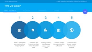 Friuno – www.friuno.com E-Mail: godwingrs22@gmail.com l Phone: +91 9597474017
Who we target?
10
P H A S E SP R I C I N GT A R G E T C U S T O M E R S S T A T I S T I C S T E C H N O L O G Y
1 2 3 4 5
Newly Constructing
apartments,offices,
shopping malls
Customers who
loves to turn their
home into smart
home
Getting contract
with builders
across major
cities
Targeting exisitng
home,aparatments
,offices etc
Customers who
love to monitor
their usage
realtime
 