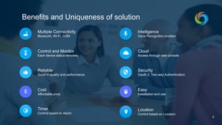 Friuno – www.friuno.com E-Mail: godwingrs22@gmail.com l Phone: +91 9597474017
9
Multiple Connectivity
Bluetooth, Wi-Fi, GSM
Control and Monitor
Each device status remotely
Reliable
Good in quality and performance
Cost
Affordable price
Intelligence
Voice Recognition enabled
Cloud
Access through web console
Security
Oauth 2, Two-way Authentication
Easy
Installation and use
Benefits and Uniqueness of solution
Timer
Control based on Alarm
Location
Control based on Location
 