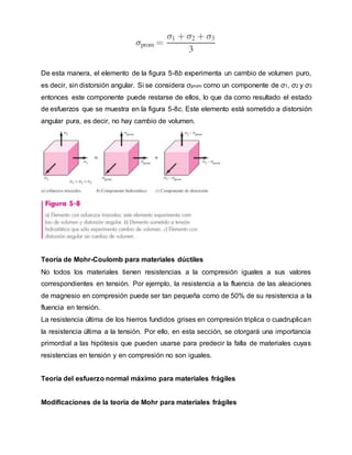 De esta manera, el elemento de la figura 5-8b experimenta un cambio de volumen puro,
es decir, sin distorsión angular. Si se considera σprom como un componente de σ1, σ2 y σ3
entonces este componente puede restarse de ellos, lo que da como resultado el estado
de esfuerzos que se muestra en la figura 5-8c. Este elemento está sometido a distorsión
angular pura, es decir, no hay cambio de volumen.
Teoría de Mohr-Coulomb para materiales dúctiles
No todos los materiales tienen resistencias a la compresión iguales a sus valores
correspondientes en tensión. Por ejemplo, la resistencia a la fluencia de las aleaciones
de magnesio en compresión puede ser tan pequeña como de 50% de su resistencia a la
fluencia en tensión.
La resistencia última de los hierros fundidos grises en compresión triplica o cuadruplican
la resistencia última a la tensión. Por ello, en esta sección, se otorgará una importancia
primordial a las hipótesis que pueden usarse para predecir la falla de materiales cuyas
resistencias en tensión y en compresión no son iguales.
Teoría del esfuerzo normal máximo para materiales frágiles
Modificaciones de la teoría de Mohr para materiales frágiles
 
