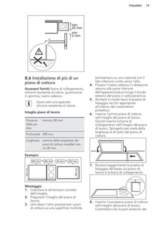 min.
25 mm
min.
2 mm
8.6 Installazione di più di un
piano di cottura
Accessori forniti: barra di collegamento,
silicone resistente al calore, guarnizione
in gomma, nastro adesivo.
Usare solo uno speciale
silicone resistente al calore.
Intaglio piano di lavoro
Distanza
dalla pa-
rete
minimo 50 mm
Profondità 490 mm
Larghezza somma delle larghezze dei
piani di cottura installati me-
no 20 mm
Esempio:
580 mm
520mm
490mm
360 mm+ - =20 mm 920 mm
Montaggio
1. Calcolare le dimensioni corrette
dell'intaglio.
2. Preparare l'intaglio del piano di
lavoro.
3. Uno dopo l'altro posizionare i piani
di cottura su una superficie morbida
(ad esempio su una coperta) con il
lato inferiore rivolto verso l'alto.
4. Fissare il nastro adesivo in dotazione
attorno alla parte inferiore
dell'apparecchiatura lungo il bordo
esterno del piano in vetroceramica.
5. Avvitare in modo lasco le piastre di
fissaggio nei fori appropriati
all'interno del rivestimento
protettivo.
6. inserire il primo piano di cottura
nell'intaglio del piano di lavoro.
Quindi inserire la barra di
collegamento nell'intaglio del piano
di lavoro. Spingerlo per metà della
larghezza al di sotto del piano di
cottura.
7. Ruotare leggermente le piastre di
fissaggio dal basso sul piano di
lavoro e la barra di collegamento.
8. inserire il successivo piano di cottura
nell'intaglio del piano di lavoro.
Controllare che le parti anteriori dei
ITALIANO 19
 