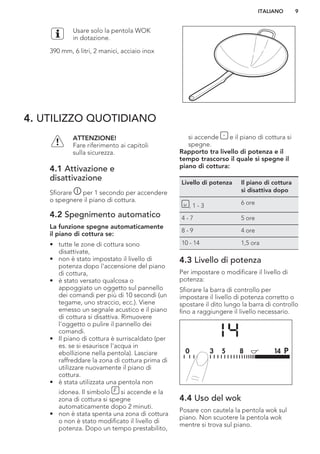 Usare solo la pentola WOK
in dotazione.
390 mm, 6 litri, 2 manici, acciaio inox
4. UTILIZZO QUOTIDIANO
ATTENZIONE!
Fare riferimento ai capitoli
sulla sicurezza.
4.1 Attivazione e
disattivazione
Sfiorare per 1 secondo per accendere
o spegnere il piano di cottura.
4.2 Spegnimento automatico
La funzione spegne automaticamente
il piano di cottura se:
• tutte le zone di cottura sono
disattivate,
• non è stato impostato il livello di
potenza dopo l'accensione del piano
di cottura,
• è stato versato qualcosa o
appoggiato un oggetto sul pannello
dei comandi per più di 10 secondi (un
tegame, uno straccio, ecc.). Viene
emesso un segnale acustico e il piano
di cottura si disattiva. Rimuovere
l'oggetto o pulire il pannello dei
comandi.
• Il piano di cottura è surriscaldato (per
es. se si esaurisce l'acqua in
ebollizione nella pentola). Lasciare
raffreddare la zona di cottura prima di
utilizzare nuovamente il piano di
cottura.
• è stata utilizzata una pentola non
idonea. Il simbolo si accende e la
zona di cottura si spegne
automaticamente dopo 2 minuti.
• non è stata spenta una zona di cottura
o non è stato modificato il livello di
potenza. Dopo un tempo prestabilito,
si accende e il piano di cottura si
spegne.
Rapporto tra livello di potenza e il
tempo trascorso il quale si spegne il
piano di cottura:
Livello di potenza Il piano di cottura
si disattiva dopo
, 1 - 3 6 ore
4 - 7 5 ore
8 - 9 4 ore
10 - 14 1,5 ora
4.3 Livello di potenza
Per impostare o modificare il livello di
potenza:
Sfiorare la barra di controllo per
impostare il livello di potenza corretto o
spostare il dito lungo la barra di controllo
fino a raggiungere il livello necessario.
4.4 Uso del wok
Posare con cautela la pentola wok sul
piano. Non scuotere la pentola wok
mentre si trova sul piano.
ITALIANO 9
 