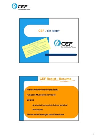 1
CEF – CEF RESIST
CEF Resist - Resumo
Planos de Movimento (revisão)
Funções Muscúlos (revisão)
Coluna
Anatomia Funcional da Coluna Vertebral
Precauções
Técnica de Execução dos Exercícios
 