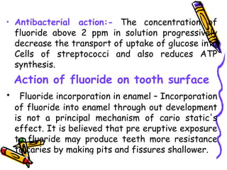 • Antibacterial action:- The concentration of
  fluoride above 2 ppm in solution progressively
  decrease the transport of uptake of glucose into
  Cells of streptococci and also reduces ATP
  synthesis.
    Action of fluoride on tooth surface
•     Fluoride incorporation in enamel – Incorporation
    of fluoride into enamel through out development
    is not a principal mechanism of cario static's
    effect. It is believed that pre eruptive exposure
    to fluoride may produce teeth more resistance
    to caries by making pits and fissures shallower.
 