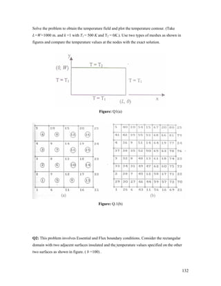 Solve the problem to obtain the temperature field and plot the temperature contour. (Take
L=W=1000 m. and k =1 with T1 = 500 K and T2 = 0K.). Use two types of meshes as shown in
figures and compare the temperature values at the nodes with the exact solution.
Figure: Q1(a)
Figure: Q.1(b)
Q2: This problem involves Essential and Flux boundary conditions. Consider the rectangular
domain with two adjacent surfaces insulated and the temperature values specified on the other
two surfaces as shown in figure. ( b =100) .
132
 