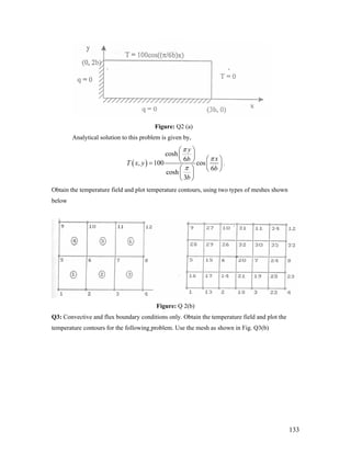 Figure: Q2 (a)
Analytical solution to this problem is given by,
( )
cosh
6
, 100 cos
6
cosh
3
y
xb
T x y
b
b
π
π
π
⎛ ⎞
⎜ ⎟
⎛ ⎞⎝ ⎠= ⎜ ⎟
⎛ ⎞ ⎝ ⎠
⎜ ⎟
⎝ ⎠
.
Obtain the temperature field and plot temperature contours, using two types of meshes shown
below
Figure: Q 2(b)
Q3: Convective and flux boundary conditions only. Obtain the temperature field and plot the
temperature contours for the following problem. Use the mesh as shown in Fig. Q3(b)
133
 