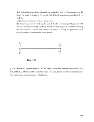 Q.4: A plate of thickness 1 mm is loaded at one surface by a force of 10N/mm as shown in the
figure. The length of the plate is 100 cm and width 20 cm. If a mesh as shown in Figure Q4 is
used, then
(A) Find out the contribution of load to various nodes.
(B) Solve this problem first by fixing the nodes 1, 2 and 3 in both along the length and width
directions. After that solve it by fully fixing the node 2, but allowing nodes 1 and 3 to move along
the width direction. Calculate displacements and stresses. You may use professional FEM
package to solve it. Comment on the results obtained.
1
2
3
Figure: Q4
Q.5: In a plane stress square element of 1 m2
area, the u-v deflections (in mm) at 4 nodes are (0,0),
(0,0), (0,1), (0,1). Thickness of the element is 1 cm. Take E as 200GPa and Poisson’s ratio as zero.
Find out the strain energy contained in the element.
149
 