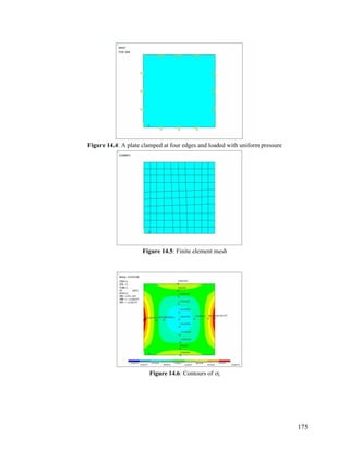 Figure 14.4: A plate clamped at four edges and loaded with uniform pressure
Figure 14.5: Finite element mesh
Figure 14.6: Contours of σx
175
 