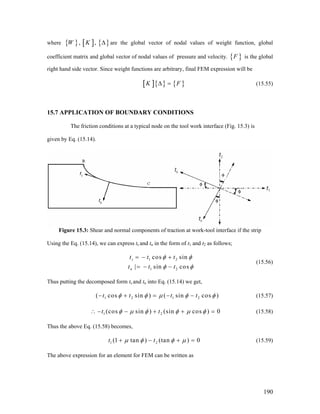where { } [ ] { }, ,W K Δ are the global vector of nodal values of weight function, global
coefficient matrix and global vector of nodal values of pressure and velocity. { is the global
right hand side vector. Since weight functions are arbitrary, final FEM expression will be
}F
[ ]{ } { }K Δ = F (15.55)
15.7 APPLICATION OF BOUNDARY CONDITIONS
The friction conditions at a typical node on the tool work interface (Fig. 15.3) is
given by Eq. (15.14).
Figure 15.3: Shear and normal components of traction at work-tool interface if the strip
Using the Eq. (15.14), we can express ts and tn in the form of t1 and t2 as follows;
1 2
1 2
cos sin
| sin cos
s
n
t t t
t t t
φ φ
φ φ
= − +
= − −
(15.56)
Thus putting the decomposed form ts and tn into Eq. (15.14) we get,
1 2 1 2( cos sin ) ( sin cost t t t )φ φ μ φ φ− + = − − (15.57)
1 2(cos sin ) (sin cos ) 0t tφ μ φ φ μ φ∴ − − + + = (15.58)
Thus the above Eq. (15.58) becomes,
1 2(1 tan ) (tan ) 0t tμ φ φ μ+ − + = (15.59)
The above expression for an element for FEM can be written as
190
 