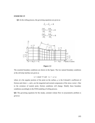 EXERCISE 15
Q1: In the rolling process, the governing equations are given as
11 22 0ε ε+ =
11 12
1 2
21 22
1 2
0
0
x x
x x
σ σ
σ σ
∂ ∂
+ =
∂ ∂
∂ ∂
+ =
∂ ∂
Figure: Q1
The essential boundary conditions are shown in the figure. The two natural boundary conditions
at the roll-strip interface are given as
v2+ v1tanφ = 0 and | ts | = μ | tn |
where φ is the angular position of the point on the surface, μ is the Coloumb’s coefficient of
friction and where ts and tn are the tangential and normal components of the stress vector t. Due
to the existence of neutral point, friction conditions will change. Modify these boundary
conditions accordingly in the FEM modeling of rolling process.
Q2: The governing equations for the steady, constant volume flow in axisymmetric problem is
given as
193
 