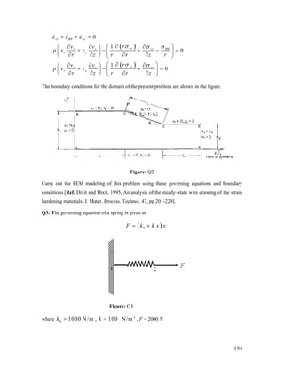 ( )
( )
0
1
0
1
0
rr zz
rrr r rz
r z
rzz z zz
r z
rv v
p v v
r z r r z r
rv v
p v v
r z r r z
θθ
θθ
ε ε ε
σ σσ
σ σ
+ + =
∂⎛ ⎞∂ ∂ ∂⎛ ⎞
+ − + −⎜ ⎟⎜ ⎟
∂ ∂ ∂ ∂⎝ ⎠ ⎝ ⎠
∂⎛ ⎞∂ ∂ ∂⎛ ⎞
+ − + =⎜ ⎟⎜ ⎟
∂ ∂ ∂ ∂⎝ ⎠ ⎝ ⎠
=
The boundary conditions for the domain of the present problem are shown in the figure.
Figure: Q2
Carry out the FEM modeling of this problem using these governing equations and boundary
conditions.[Ref. Dixit and Dixit, 1995, An analysis of the steady–state wire drawing of the strain
hardening materials, J. Mater. Process. Technol. 47, pp.201-229].
Q3: The governing equation of a spring is given as
( )0F k k x= + x
Figure: Q3
where , , F = 2000 N0 1000 N/mk = 2
100 N/mk =
194
 