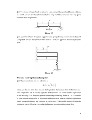 Q.7: Two beams of length l each are joined by a pin joint and then combined beam is subjected
to a load P. Can you find the deflection at the load using FEM? Do you have to make any special
comment about this problem?
Figure: Q7
Q.8: A cantilever beam of length is supported on a spring of spring constant k at its free end.
Using FEM, find out the deflection of the beam if a load P is applied at the mid-length of the
beam.
Figure: Q8
Problems requiring the use of computer:
Q.9: The cross-sectional area of a rod varies as
0( ) 2
x
A x A
l
⎛ ⎞
= −⎜ ⎟
⎝ ⎠
where A0 is the area at the fixed end, x is the longitudinal displacement from the fixed end and l
is the length of the rod. A load P is applied at the free end and you have to find the displacement
at free end using FEM. Solve this problem 10 times by discretizing the rod in 1 to 10 elements.
In each element average area of the element should be taken. Plot the obtained displacement
versus number of elements and comment on convergence. Take suitable numerical values for
plotting the graph. Otherwise express the displacement in some non-dimensional form.
16
 