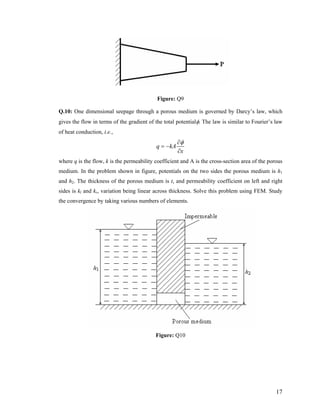 Figure: Q9
Q.10: One dimensional seepage through a porous medium is governed by Darcy’s law, which
gives the flow in terms of the gradient of the total potentialφ. The law is similar to Fourier’s law
of heat conduction, i.e.,
q kA
x
φ∂
= −
∂
where q is the flow, k is the permeability coefficient and A is the cross-section area of the porous
medium. In the problem shown in figure, potentials on the two sides the porous medium is h1
and h2. The thickness of the porous medium is t, and permeability coefficient on left and right
sides is kl and kr, variation being linear across thickness. Solve this problem using FEM. Study
the convergence by taking various numbers of elements.
Figure: Q10
17
 