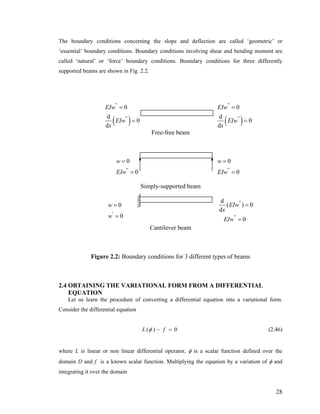 The boundary conditions concerning the slope and deflection are called ‘geometric’ or
‘essential’ boundary conditions. Boundary conditions involving shear and bending moment are
called ‘natural’ or ‘force’ boundary conditions. Boundary conditions for three differently
supported beams are shown in Fig. 2.2.
( )
0
d
0
d
''
''
EIw
EIw
x
=
= ( )
0
d
0
d
''
''
EIw
EIw
x
=
=
Free-free beam
0
0''
w
EIw
=
=
0
0''
w
EIw
=
=
Simply-supported beam
0
0'
w
w
=
=
d
( )
d
0
''
''
EIw
x
EIw
=
=
0
Cantilever beam
Figure 2.2: Boundary conditions for 3 different types of beams
2.4 OBTAINING THE VARIATIONAL FORM FROM A DIFFERENTIAL
EQUATION
Let us learn the procedure of converting a differential equation into a variational form.
Consider the differential equation
( ) 0L fφ − = (2.46)
where L is linear or non linear differential operator, φ is a scalar function defined over the
domain D and f is a known scalar function. Multiplying the equation by a variation of φ and
integrating it over the domain
28
 