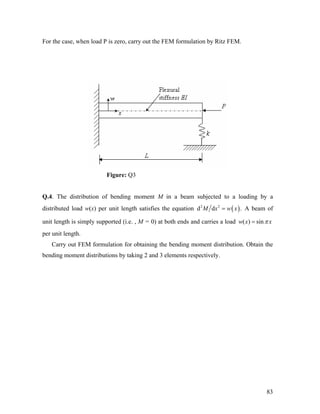 For the case, when load P is zero, carry out the FEM formulation by Ritz FEM.
Figure: Q3
Q.4. The distribution of bending moment M in a beam subjected to a loading by a
distributed load w(x) per unit length satisfies the equation ( )2 2
d d .M x w x= A beam of
unit length is simply supported (i.e. , M = 0) at both ends and carries a load ( ) sinw x xπ=
per unit length.
Carry out FEM formulation for obtaining the bending moment distribution. Obtain the
bending moment distributions by taking 2 and 3 elements respectively.
83
 