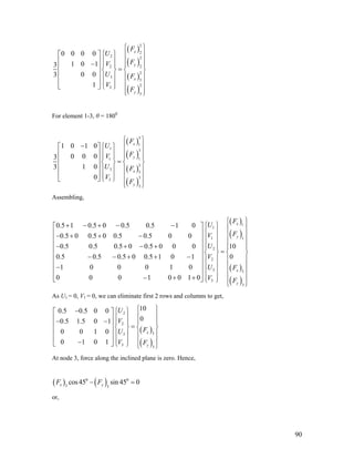 ( )
( )
( )
( )
2
2
2 2
22
2
3
3
2
3
3
0 0 0 0
1 0 13
0 03
1
x
y
x
y
F
U
FV
U F
V
F
⎧ ⎫
⎧ ⎫⎡ ⎤ ⎪ ⎪
⎪ ⎪⎢ ⎥ ⎪ ⎪− ⎪ ⎪ ⎪ ⎪⎢ ⎥ =⎨ ⎬ ⎨ ⎬
⎢ ⎥ ⎪ ⎪ ⎪ ⎪
⎢ ⎥ ⎪ ⎪ ⎪ ⎪⎣ ⎦ ⎩ ⎭
⎪ ⎪⎩ ⎭
For element 1-3, θ = 1800
( )
( )
( )
( )
3
1
1 3
11
3
3
3
3
3
3
1 0 1 0
0 0 03
1 03
0
x
y
x
y
F
U
FV
U F
V
F
⎧ ⎫
− ⎧ ⎫⎡ ⎤ ⎪ ⎪
⎪ ⎪⎢ ⎥ ⎪ ⎪
⎪ ⎪ ⎪ ⎪⎢ ⎥ =⎨ ⎬ ⎨ ⎬
⎢ ⎥ ⎪ ⎪ ⎪ ⎪
⎢ ⎥ ⎪ ⎪ ⎪ ⎪⎣ ⎦ ⎩ ⎭
⎪ ⎪⎩ ⎭
Assembling,
( )
( )
( )
( )
1
1
1 1
2
2
3 3
3
3
0.5 1 0.5 0 0.5 0.5 1 0
0.5 0 0.5 0 0.5 0.5 0 0
100.5 0.5 0.5 0 0.5 0 0 0
00.5 0.5 0.5 0 0.5 1 0 1
1 0 0 0 1 0
0 0 0 1 0 0 1 0
x
y
x
y
F
U
FV
U
V
U F
V F
⎧ ⎫
+ − + − − ⎧ ⎫⎡ ⎤ ⎪ ⎪
⎪ ⎪⎢ ⎥ ⎪ ⎪− + + − ⎪ ⎪⎢ ⎥ ⎪ ⎪
⎪ ⎪⎢ ⎥− + − + ⎪ ⎪ ⎪ ⎪
=⎨ ⎬ ⎨ ⎬⎢ ⎥
− − + + − ⎪ ⎪ ⎪ ⎪⎢ ⎥
⎪ ⎪ ⎪ ⎪⎢ ⎥−
⎪ ⎪ ⎪ ⎪⎢ ⎥
− + + ⎪ ⎪⎣ ⎦ ⎪ ⎪⎩ ⎭
⎩ ⎭
As U1 = 0, V1 = 0, we can eliminate first 2 rows and columns to get,
( )
( )
2
2
33
3
3
100.5 0.5 0 0
00.5 1.5 0 1
0 0 1 0
0 1 0 1
x
y
U
V
FU
V F
⎧ ⎫− ⎧ ⎫⎡ ⎤
⎪ ⎪⎪ ⎪⎢ ⎥− − ⎪ ⎪⎪ ⎪⎢ ⎥ =⎨ ⎬ ⎨ ⎬
⎢ ⎥ ⎪ ⎪ ⎪ ⎪
⎢ ⎥ ⎪ ⎪ ⎪ ⎪−⎣ ⎦ ⎩ ⎭ ⎩ ⎭
At node 3, force along the inclined plane is zero. Hence,
( ) ( )0 0
3 3
cos45 sin 45 0x yF F− =
or,
90
 
