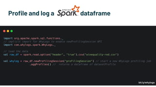Profile and log a dataframe
bit.ly/whylogs
 