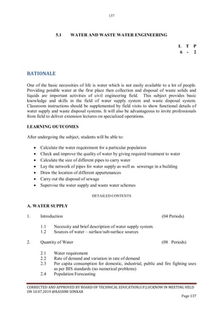 137
CORRECTED AND APPROVED BY BOARD OF TECHNICAL EDUCATION,U.P,LUCKNOW IN MEETING HELD
ON 10.07.2019 @RASHMI SONKAR
Page 137
5.1 WATER AND WASTE WATER ENGINEERING
L T P
6 - 2
RATIONALE
One of the basic necessities of life is water which is not easily available to a lot of people.
Providing potable water at the first place then collection and disposal of waste solids and
liquids are important activities of civil engineering field. This subject provides basic
knowledge and skills in the field of water supply system and waste disposal system.
Classroom instructions should be supplemented by field visits to show functional details of
water supply and waste disposal systems. It will also be advantageous to invite professionals
from field to deliver extension lectures on specialized operations.
LEARNING OUTCOMES
After undergoing the subject, students will be able to:
• Calculate the water requirement for a particular population
• Check and improve the quality of water by giving required treatment to water
• Calculate the size of different pipes to carry water
• Lay the network of pipes for water supply as well as sewerage in a building
• Draw the location of different appurtenances
• Carry out the disposal of sewage
• Supervise the water supply and waste water schemes
DETAILED CONTENTS
A. WATER SUPPLY
1. Introduction (04 Periods)
1.1 Necessity and brief description of water supply system.
1.2 Sources of water – surface/sub-surface sources
2. Quantity of Water (08 Periods)
2.1 Water requirement
2.2 Rate of demand and variation in rate of demand
2.3 Per capita consumption for domestic, industrial, public and fire fighting uses
as per BIS standards (no numerical problems)
2.4 Population Forecasting
 