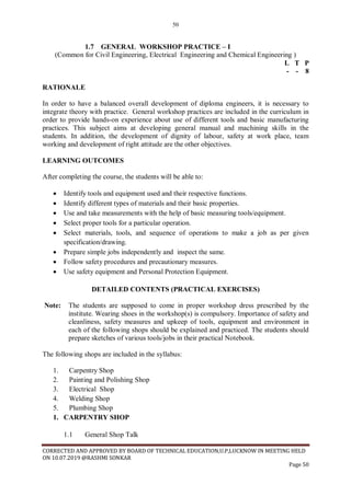 50
CORRECTED AND APPROVED BY BOARD OF TECHNICAL EDUCATION,U.P,LUCKNOW IN MEETING HELD
ON 10.07.2019 @RASHMI SONKAR
Page 50
1.7 GENERAL WORKSHOP PRACTICE – I
(Common for Civil Engineering, Electrical Engineering and Chemical Engineering )
L T P
- - 8
RATIONALE
In order to have a balanced overall development of diploma engineers, it is necessary to
integrate theory with practice. General workshop practices are included in the curriculum in
order to provide hands-on experience about use of different tools and basic manufacturing
practices. This subject aims at developing general manual and machining skills in the
students. In addition, the development of dignity of labour, safety at work place, team
working and development of right attitude are the other objectives.
LEARNING OUTCOMES
After completing the course, the students will be able to:
• Identify tools and equipment used and their respective functions.
• Identify different types of materials and their basic properties.
• Use and take measurements with the help of basic measuring tools/equipment.
• Select proper tools for a particular operation.
• Select materials, tools, and sequence of operations to make a job as per given
specification/drawing.
• Prepare simple jobs independently and inspect the same.
• Follow safety procedures and precautionary measures.
• Use safety equipment and Personal Protection Equipment.
DETAILED CONTENTS (PRACTICAL EXERCISES)
Note: The students are supposed to come in proper workshop dress prescribed by the
institute. Wearing shoes in the workshop(s) is compulsory. Importance of safety and
cleanliness, safety measures and upkeep of tools, equipment and environment in
each of the following shops should be explained and practiced. The students should
prepare sketches of various tools/jobs in their practical Notebook.
The following shops are included in the syllabus:
1. Carpentry Shop
2. Painting and Polishing Shop
3. Electrical Shop
4. Welding Shop
5. Plumbing Shop
1. CARPENTRY SHOP
1.1 General Shop Talk
 