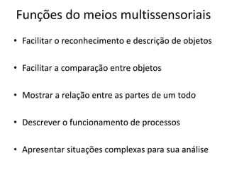 Funções do meios multissensoriais
• Facilitar o reconhecimento e descrição de objetos

• Facilitar a comparação entre objetos

• Mostrar a relação entre as partes de um todo

• Descrever o funcionamento de processos

• Apresentar situações complexas para sua análise
 