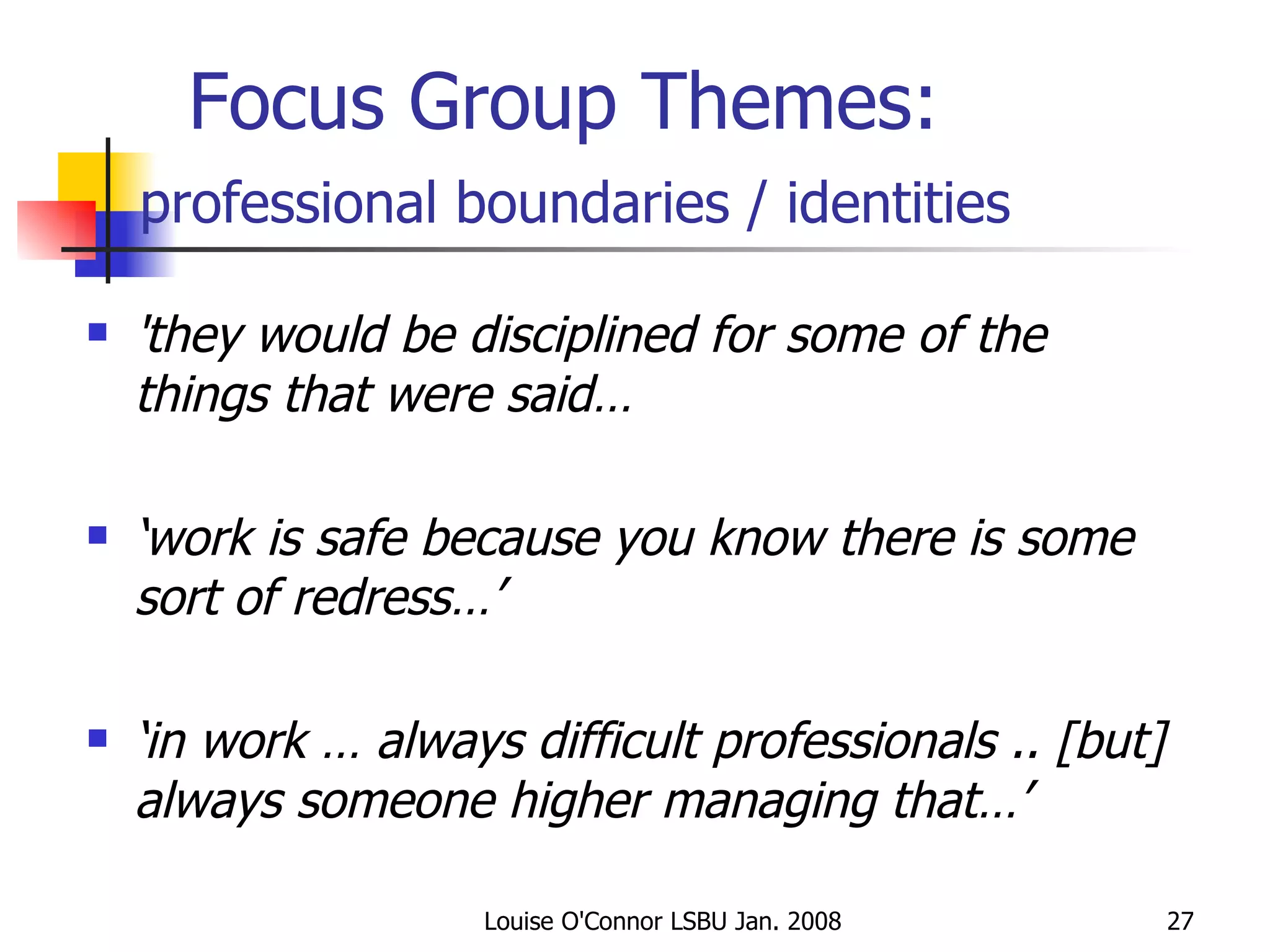   Focus Group Themes:  professional boundaries / identities   'they would be disciplined for some of the things that were said… ‘ work is safe because you know there is some sort of redress…’ ‘ in work … always difficult professionals .. [but] always someone higher managing that…’ 