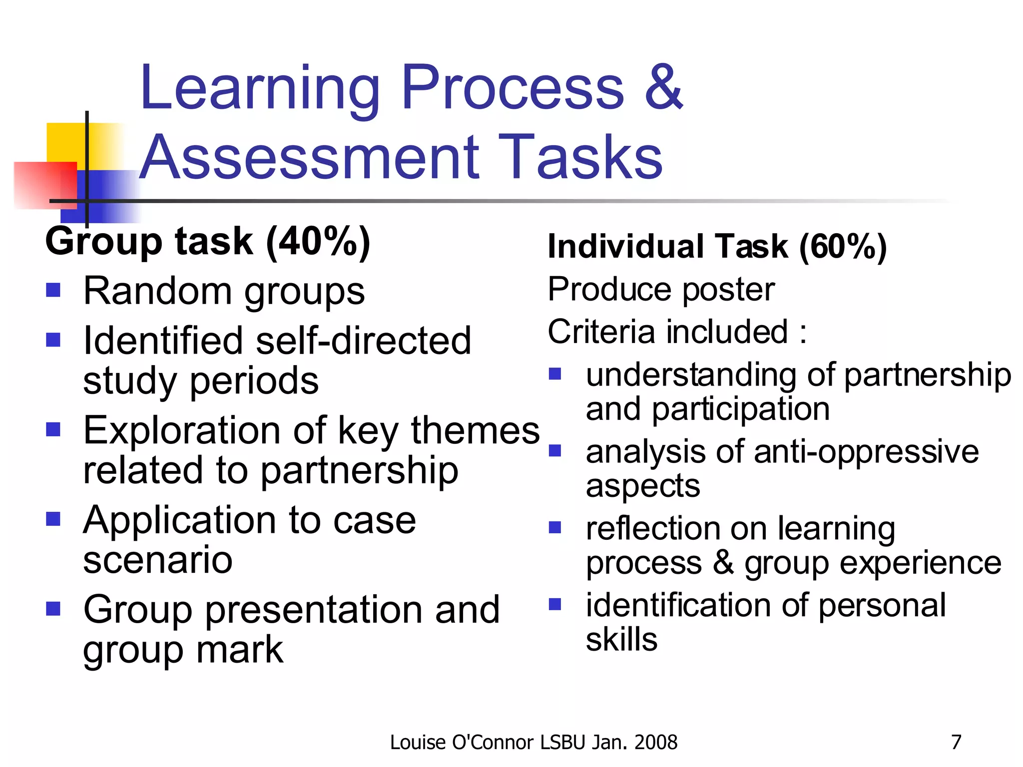 Learning Process & Assessment Tasks Group task (40%) Random groups Identified self-directed study periods Exploration of key themes related to partnership Application to case scenario Group presentation and group mark Individual Task (60%) Produce poster Criteria included :  understanding of partnership and participation analysis of anti-oppressive aspects reflection on learning process & group experience identification of personal skills 