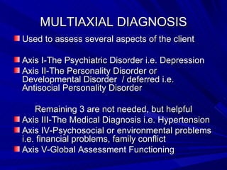MULTIAXIAL DIAGNOSIS Used to assess several aspects of the client Axis I-The Psychiatric Disorder i.e. Depression Axis II-The Personality Disorder or Developmental Disorder  / deferred i.e. Antisocial Personality Disorder Remaining 3 are not needed, but helpful Axis III-The Medical Diagnosis i.e. Hypertension Axis IV-Psychosocial or environmental problems i.e. financial problems, family conflict Axis V-Global Assessment Functioning 