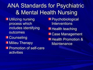 ANA Standards for Psychiatric  & Mental Health Nursing Utilizing nursing process which includes identifying outcomes Counseling Milieu Therapy Promotion of self-care activities Psychobiological Interventions Health teaching Case Management Health Promotion & Maintenance 