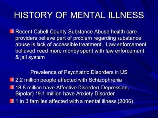 HISTORY OF MENTAL ILLNESS Recent Cabell County Substance Abuse health care providers believe part of problem regarding substance abuse is lack of accessible treatment.  Law enforcement believed need more money spent with law enforcement & jail system Prevalence of Psychiatric Disorders in US 2.2 million people affected with Schizophrenia 18.8 million have Affective Disorder( Depression, Bipolar) 19.1 million have Anxiety Disorder 1 in 3 families affected with a mental illness (2006) 