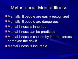 Myths about Mental Illness Mentally ill people are easily recognized Mentally ill people are dangerous Mental illness is inherited Mental illness can be predicted Mental illness is caused by internal forces or maybe the devil! Mental illness is incurable 