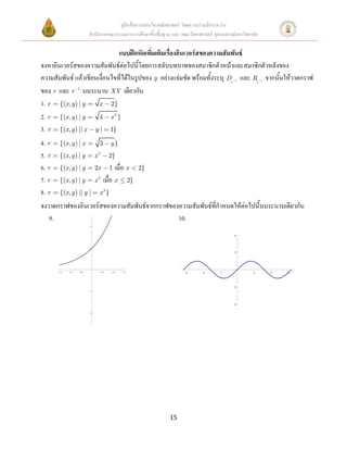 คู่มือสื่อการสอนวิชาคณิตศาสตร์ โดยความร่วมมือระหว่าง
                         สานักงานคณะกรรมการการศึกษาขั้นพื้นฐาน และ คณะวิทยาศาสตร์ จุฬาลงกรณ์มหาวิทยาลัย

                               แบบฝึกหัดเพิ่มเติมเรื่องอินเวอร์สของความสัมพันธ์
จงหาอินเวอร์สของความสัมพันธ์ต่อไปนี้โดยการสลับบทบาทของสมาชิกตัวหน้าและสมาชิกตัวหลังของ
ความสัมพันธ์ แล้วเขียนเงื่อนไขที่ได้ในรูปของ y อย่างแจ่มชัด พร้อมทั้งระบุ Dr และ Rr จากนั้นให้วาดกราฟ
                                                                                            1             1



ของ r และ r 1 บนระนาบ XY เดียวกัน
1. r {(x, y) | y       x 2}
2. r {(x, y ) | y      4 x2}
3. r {(x, y) || x y | 1}
4. r    {(x , y ) | x         3         y}
5. r    {(x , y ) | y        x2         2}
6. r    {(x , y ) | y        2x         1     เมื่อ x       2}
7. r    {(x , y ) | y        x2     เมื่อ x            2}
8. r    {(x, y) || y |        x 2}
จงวาดกราฟของอินเวอร์สของความสัมพันธ์จากกราฟของความสัมพันธ์ที่กาหนดให้ต่อไปนี้บนระนาบเดียวกัน
   9.                                         10.
                         2



                                                                                            4



                         1
                                                                                            2




       1.5   1.0   0.5            0.5   1.0      1.5                  6      4       2              2         4   6




                                                                                            2
                         1




                                                                                            4


                         2




                                                                 15
 