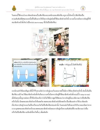 คู่มือสื่อการสอนวิชาคณิตศาสตร์ โดยความร่วมมือระหว่าง
                    สานักงานคณะกรรมการการศึกษาขั้นพื้นฐาน และ คณะวิทยาศาสตร์ จุฬาลงกรณ์มหาวิทยาลัย

ในตอนนีได้แนะนาแนวคิดหลักของเรื่องฟังก์ชันและบทนิยามของฟังก์ชัน ครูควรย้าอีกครั้งว่าฟังก์ชันเป็น
        ้
ความสัมพันธ์พิเศษแบบหนึ่งที่ไม่ต้องการให้เกิดการจับคู่ชนิดที่ใช้สมาชิกตัวหน้าซ้า (บางครั้งอาจเรียกการจับคู่ที่ใช้
สมาชิกตัวหน้าซ้ากันว่าเป็นแบบ one-to-many ซึ่งไม่เป็นฟังก์ชัน)




จากนิยามทาให้ตอบปัญหาที่ทิ้งไว้ในชวนคิดว่าการจับคู่แบบในแผนภาพนี้ไม่มีการใช้สมาชิกตัวหน้าซ้า ดังนั้นจึงเป็น
ฟังก์ชัน (แม้ว่าจะใช้สมาชิกตัวหลังซ้ากันก็ตาม บางครั้งเรียกการจับคู่ที่ใช้สมาชิกตัวหลังซ้าแบบนี้ว่า many-to-one)
เมื่อถึงตอนนี้ครูอาจค่อยๆ ชี้ให้นักเรียนเห็นว่า ยังไม่ได้มีการพูดให้ชัดเจนว่าการจับคู่ที่จะมาพิจารณาว่าเป็นฟังก์ชัน
หรือไม่นั้น มีเซตของสมาชิกตัวหน้าคือเซตใด เซตของสมาชิกตัวหลังคือเซตใด เป็นเพียงแต่การให้แนวคิดหลัก
เกี่ยวกับการจับคู่ว่าแบบใดเป็นหรือแบบใดไม่เป็นฟังก์ชันก่อนเท่านั้น ในตอนต่อไปถึงจะลงไปในรายละเอียดว่าหาก
เราระบุเซตของสมาชิกตัวหน้าและเซตของสมาชิกตัวหลังของการจับคู่หรือความสัมพันธ์ที่เราจะพิจารณาว่าเป็น
หรือไม่เป็นฟังก์ชัน จะต้องมีเงื่อนไขอื่นๆ เพิ่มเติมอีก


                                                         17
 