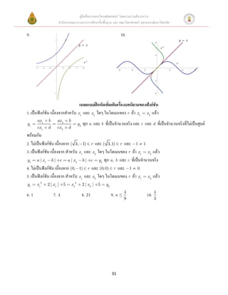 คู่มือสื่อการสอนวิชาคณิตศาสตร์ โดยความร่วมมือระหว่าง
                                  สานักงานคณะกรรมการการศึกษาขั้นพื้นฐาน และ คณะวิทยาศาสตร์ จุฬาลงกรณ์มหาวิทยาลัย

9.                                                                                           10.
                             2
                                          r                                                                                        y=x
                                                                                                                 4
                                                             y=x
                                                                                                                     r-1
                             1
                                                                                                                 2


                                                                  r-1                                                          r
       1.5     1.0    0.5           0.5       1.0      1.5      2.0
                                                                                         6         4   2                   2        4    6



                             1
                                                                                                                 2




                             2                                                                                   4




                                 เฉลยแบบฝึกหัดเพิ่มเติมเรื่องบทนิยามของฟังก์ชัน
1. เป็นฟังก์ชัน เนื่องจากสาหรับ x1 และ x2 ใดๆ ในโดเมนของ r ถ้า x1 x2 แล้ว
        ax 1         b           ax 2         b
y1                                                         y2   ทุก a และ b ที่เป็นจานวนจริง และ c และ d ที่เป็นจานวนจริงที่ไม่เป็นศูนย์
        cx 1         d           cx 2         d
พร้อมกัน
2. ไม่เป็นฟังก์ชัน เนื่องจาก ( 3, 1) r และ ( 3,1) r และ 1 1
3. เป็นฟังก์ชัน เนื่องจาก สาหรับ x1 และ x2 ใดๆ ในโดเมนของ r ถ้า x1 x2 แล้ว
y1 a | x1 b | c a | x 2 b | c y2 ทุก a, b และ c ที่เป็นจานวนจริง
4. ไม่เป็นฟังก์ชัน เนื่องจาก (0, 1) r และ (0, 0) r และ 1 0
5. เป็นฟังก์ชัน เนื่องจาก สาหรับ x1 และ x2 ใดๆ ในโดเมนของ r ถ้า x1 x2 แล้ว
y1      x12          2 | x1 | 5                     x 22        2 | x2 | 5   y2
                                                                                              4                  4
6. 1                        7. 4                                8. 21             9. a                     10.
                                                                                              9                  3




                                                                                  31
 