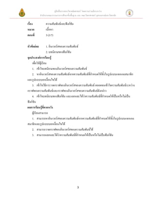 คู่มือสื่อการสอนวิชาคณิตศาสตร์ โดยความร่วมมือระหว่าง
             สานักงานคณะกรรมการการศึกษาขั้นพื้นฐาน และ คณะวิทยาศาสตร์ จุฬาลงกรณ์มหาวิทยาลัย

เรื่อง            ความสัมพันธ์และฟังก์ชัน
หมวด              เนื้อหา
ตอนที่            3 (3/7)

หัวข้อย่อย          1. อินเวอร์สของความสัมพันธ์
                    2. บทนิยามของฟังก์ชัน
จุดประสงค์การเรียนรู้
    เพื่อให้ผู้เรียน
    1. เข้าใจบทนิยามของอินเวอร์สของความสัมพันธ์
    2. หาอินเวอร์สของความสัมพันธ์จากความสัมพันธ์ที่กาหนดให้ทั้งในรูปแบบแจกแจงสมาชิก
และรูปแบบบอกเงื่อนไขได้
    3. เข้าใจวิธีการวาดกราฟของอินเวอร์สของความสัมพันธ์ ตลอดจนเข้าใจความสัมพันธ์ระหว่าง
กราฟของความสัมพันธ์และกราฟของอินเวอร์สของความสัมพันธ์ดังกล่าว
    4. เข้าใจบทนิยามของฟังก์ชัน และแยกแยะได้ว่าความสัมพันธ์ที่กาหนดให้เป็นหรือไม่เป็น
ฟังก์ชัน
ผลการเรียนรู้ที่คาดหวัง
    ผู้เรียนสามารถ
    1. สามารถหาอินเวอร์สของความสัมพันธ์จากความสัมพันธ์ที่กาหนดให้ทั้งในรูปแบบแจกแจง
สมาชิกและรูปแบบบอกเงื่อนไขได้
    2. สามารถวาดกราฟของอินเวอร์สของความสัมพันธ์ได้
    3. สามารถแยกแยะได้ว่าความสัมพันธ์ที่กาหนดให้เป็นหรือไม่เป็นฟังก์ชัน




                                                   3
 