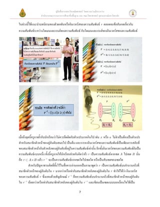 คู่มือสื่อการสอนวิชาคณิตศาสตร์ โดยความร่วมมือระหว่าง
                   สานักงานคณะกรรมการการศึกษาขั้นพื้นฐาน และ คณะวิทยาศาสตร์ จุฬาลงกรณ์มหาวิทยาลัย

ในช่วงนี้ได้แนะนาบทนิยามของตัวผกผันหรืออินเวอร์สของความสัมพันธ์ r ตลอดจนข้อสังเกตเกี่ยวกับ
ความสัมพันธ์ระหว่างโดเมนและเรนจ์ของความสัมพันธ์ กับโดเมนและเรนจ์ของอินเวอร์สของความสัมพันธ์




เมื่อถึงจุดนี้ครูอาจย้ากับนักเรียนว่าไม่ควรยึดติดกับตัวแปรมากเกินไป เช่น x หรือ a ไม่จาเป็นต้องเป็นตัวแปร
สาหรับสมาชิกตัวหน้าของคู่อันดับเสมอไป เป็นต้น และการหาอินเวอร์สของความสัมพันธ์เป็นเพียงการสลับที่
ของสมาชิกตัวหน้ากับตัวหลังของคู่อันดับที่อยู่ในความสัมพันธ์เท่านั้น อีกทั้งอินเวอร์สของความสัมพันธ์ยังเป็น
ความสัมพันธ์แบบหนึ่ง ทั้งนี้ครูอาจให้นักเรียนช่วยกันคิดว่าถ้า r เป็นความสัมพันธ์จากเซต A ไปเซต B นั่น
คือ r A B แล้ว r 1 จะเป็นความสัมพันธ์จากเซตใดไปเซตใด หรือเป็นสับเซตของเซตใด
           สาหรับปัญหาชวนคิดที่ทิ้งไว้ในสื่อควรอ่านออกเป็นภาษาพูดว่า r เป็นความสัมพันธ์บนจานวนจริงที่
สมาชิกตัวหน้าของคู่อันดับใน r มากกว่าหรือเท่ากับสมาชิกตัวหลังของคู่อันดับใน r ทาให้ได้ว่า อินเวอร์ส
ของความสัมพันธ์ r ซึ่งแทนด้วยสัญลักษณ์ r 1 คือความสัมพันธ์บนจานวนจริงที่สมาชิกตัวหน้าของคู่อันดับ
ใน r 1 น้อยกว่าหรือเท่ากับสมาชิกตัวหลังของคู่อันดับใน r 1 และเขียนเป็นเซตแบบบอกเงื่อนไขได้เป็น

                                                         7
 