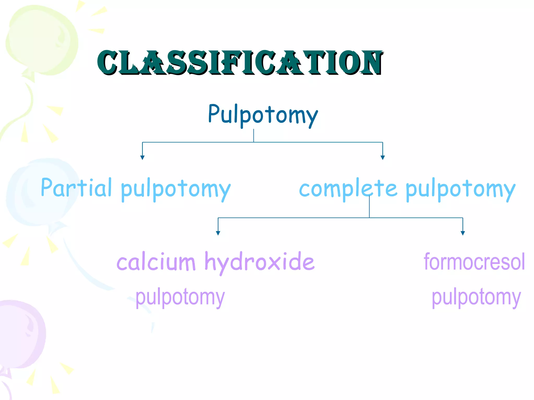 classification Pulpotomy Partial pulpotomy   complete pulpotomy calcium hydroxide   formocresol pulpotomy  pulpotomy 