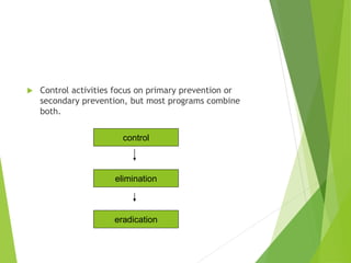 Control activities focus on primary prevention or
secondary prevention, but most programs combine
both.
control
elimination
eradication
 