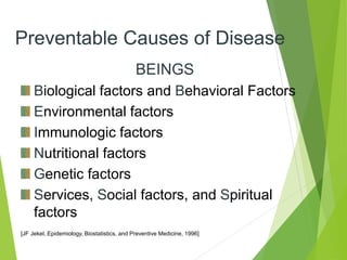Preventable Causes of Disease
BEINGS
Biological factors and Behavioral Factors
Environmental factors
Immunologic factors
Nutritional factors
Genetic factors
Services, Social factors, and Spiritual
factors
[JF Jekel, Epidemiology, Biostatistics, and Preventive Medicine, 1996]
 