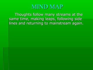 MIND MAPMIND MAP
Thoughts follow many streams at theThoughts follow many streams at the
same time, making leaps, following sidesame time, making leaps, following side
lines and returning to mainstream again.lines and returning to mainstream again.
 