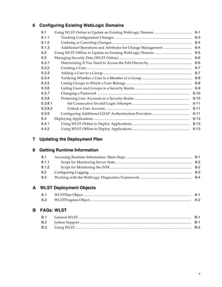 v
6 Configuring Existing WebLogic Domains
6.1 Using WLST Online to Update an Existing WebLogic Domain .......................................... 6-1
6.1.1 Tracking Configuration Changes ...................................................................................... 6-3
6.1.2 Undoing or Canceling Changes......................................................................................... 6-4
6.1.3 Additional Operations and Attributes for Change Management ................................ 6-4
6.2 Using WLST Offline to Update an Existing WebLogic Domain.......................................... 6-5
6.3 Managing Security Data (WLST Online)................................................................................. 6-6
6.3.1 Determining If You Need to Access the Edit Hierarchy................................................ 6-6
6.3.2 Creating a User..................................................................................................................... 6-7
6.3.3 Adding a User to a Group .................................................................................................. 6-7
6.3.4 Verifying Whether a User Is a Member of a Group........................................................ 6-8
6.3.5 Listing Groups to Which a User Belongs ......................................................................... 6-8
6.3.6 Listing Users and Groups in a Security Realm................................................................ 6-9
6.3.7 Changing a Password ..................................................................................................... 6-10
6.3.8 Protecting User Accounts in a Security Realm............................................................. 6-10
6.3.8.1 Set Consecutive Invalid Login Attempts ............................................................... 6-11
6.3.8.2 Unlock a User Account............................................................................................. 6-11
6.3.9 Configuring Additional LDAP Authentication Providers ......................................... 6-11
6.4 Deploying Applications.......................................................................................................... 6-13
6.4.1 Using WLST Online to Deploy Applications................................................................ 6-13
6.4.2 Using WLST Offline to Deploy Applications ............................................................... 6-13
7 Updating the Deployment Plan
8 Getting Runtime Information
8.1 Accessing Runtime Information: Main Steps ......................................................................... 8-1
8.1.1 Script for Monitoring Server State..................................................................................... 8-2
8.1.2 Script for Monitoring the JVM........................................................................................... 8-2
8.2 Configuring Logging.................................................................................................................. 8-3
8.3 Working with the WebLogic Diagnostics Framework.......................................................... 8-4
A WLST Deployment Objects
A.1 WLSTPlan Object ....................................................................................................................... A-1
A.2 WLSTProgress Object................................................................................................................ A-2
B FAQs: WLST
B.1 General WLST............................................................................................................................. B-1
B.2 Jython Support ........................................................................................................................... B-1
B.3 Using WLST................................................................................................................................ B-2
 