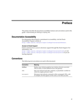 vii
Preface
This preface describes the document accessibility features and conventions used in this
guide—Understanding the WebLogic Scripting Tool.
Documentation Accessibility
For information about Oracle's commitment to accessibility, visit the Oracle
Accessibility Program website at
http://www.oracle.com/pls/topic/lookup?ctx=acc&id=docacc.
Access to Oracle Support
Oracle customers have access to electronic support through My Oracle Support. For
information, visit
http://www.oracle.com/pls/topic/lookup?ctx=acc&id=info or visit
http://www.oracle.com/pls/topic/lookup?ctx=acc&id=trs if you are
hearing impaired.
Conventions
The following text conventions are used in this document:
Convention Meaning
boldface Boldface type indicates graphical user interface elements associated
with an action, or terms defined in text or the glossary.
italic Italic type indicates book titles, emphasis, or placeholder variables for
which you supply particular values.
monospace Monospace type indicates commands within a paragraph, URLs, code
in examples, text that appears on the screen, or text that you enter.
 