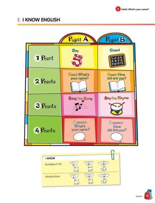 11
eleven
E. I KNOW ENGLISH
1 Hello! What’s your name?
I Know
Numbers (1-12)
Introductions
133537 002-095 ING3_Students Book.indd 11 11/03/09 9:44:22
 
