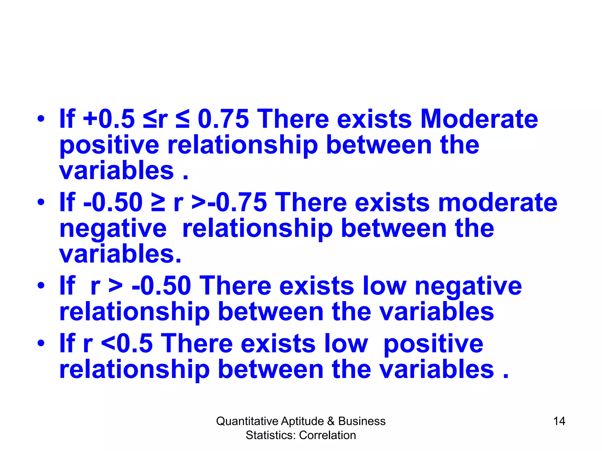 Quantitative Aptitude & Business
Statistics: Correlation
14
• If +0.5 ≤r ≤ 0.75 There exists Moderate
positive relationship between the
variables .
• If -0.50 ≥ r >-0.75 There exists moderate
negative relationship between the
variables.
• If r > -0.50 There exists low negative
relationship between the variables
• If r <0.5 There exists low positive
relationship between the variables .
 