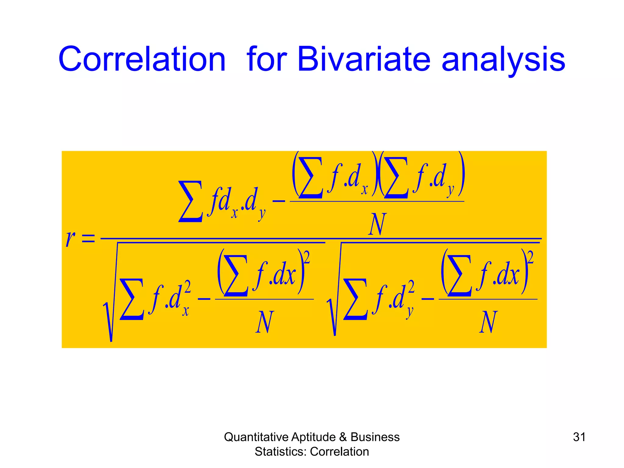 Quantitative Aptitude & Business
Statistics: Correlation
31
Correlation for Bivariate analysis
( )( )
( ) ( )
∑ ∑∑ ∑
∑ ∑∑
−−
−
=
N
dxf
df
N
dxf
df
N
dfdf
dfd
r
yx
yx
yx
2
2
2
2 .
.
.
.
..
.
 