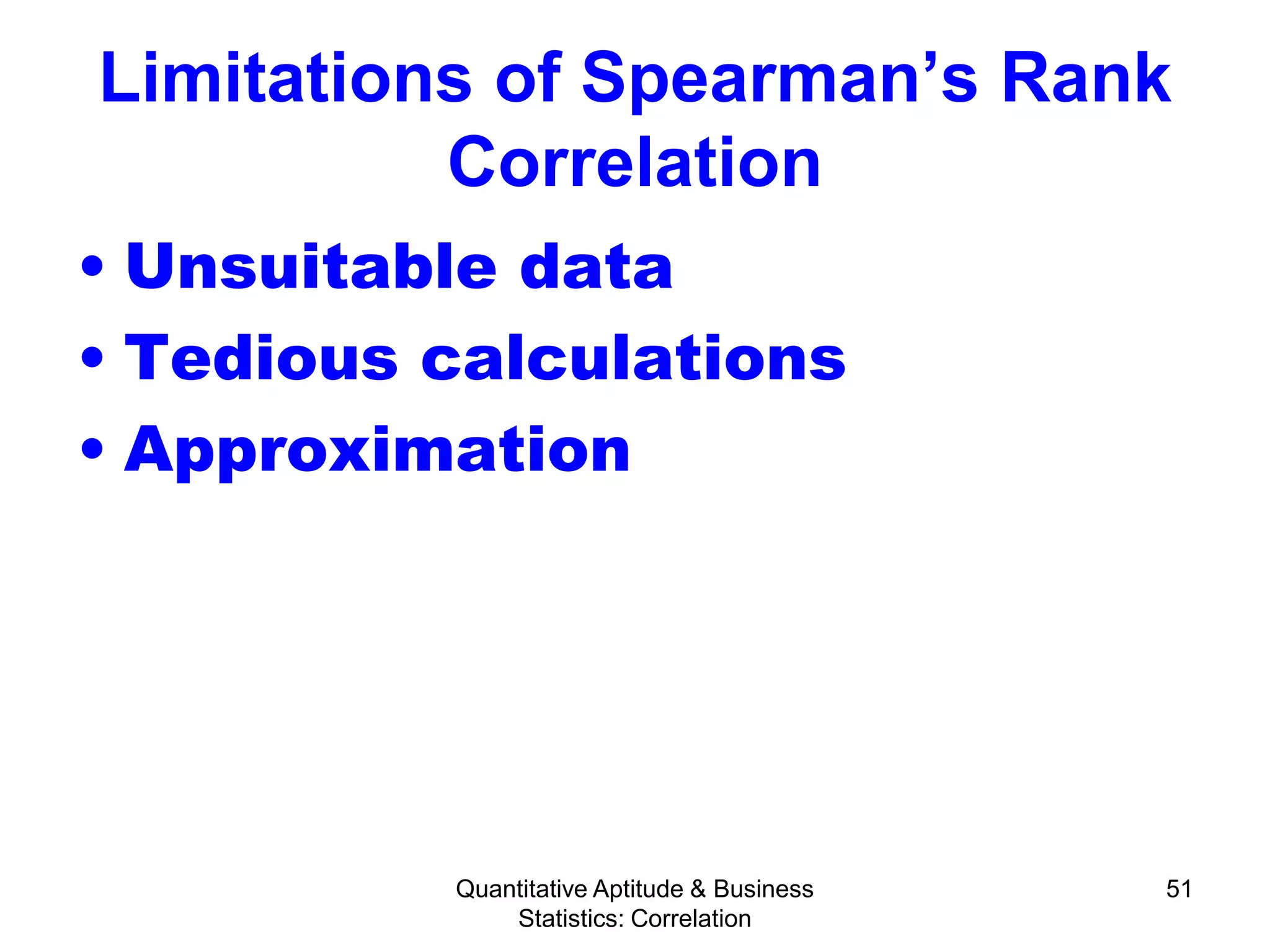Quantitative Aptitude & Business
Statistics: Correlation
51
Limitations of Spearman’s Rank
Correlation
• Unsuitable data
• Tedious calculations
• Approximation
 