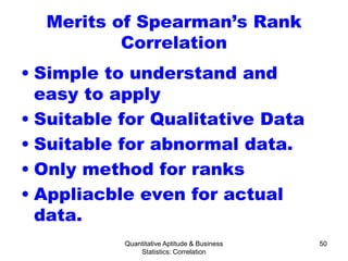 Quantitative Aptitude & Business
Statistics: Correlation
50
Merits of Spearman’s Rank
Correlation
• Simple to understand and
easy to apply
• Suitable for Qualitative Data
• Suitable for abnormal data.
• Only method for ranks
• Appliacble even for actual
data.
 