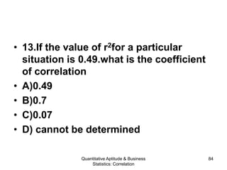 Quantitative Aptitude & Business
Statistics: Correlation
84
• 13.If the value of r2for a particular
situation is 0.49.what is the coefficient
of correlation
• A)0.49
• B)0.7
• C)0.07
• D) cannot be determined
 